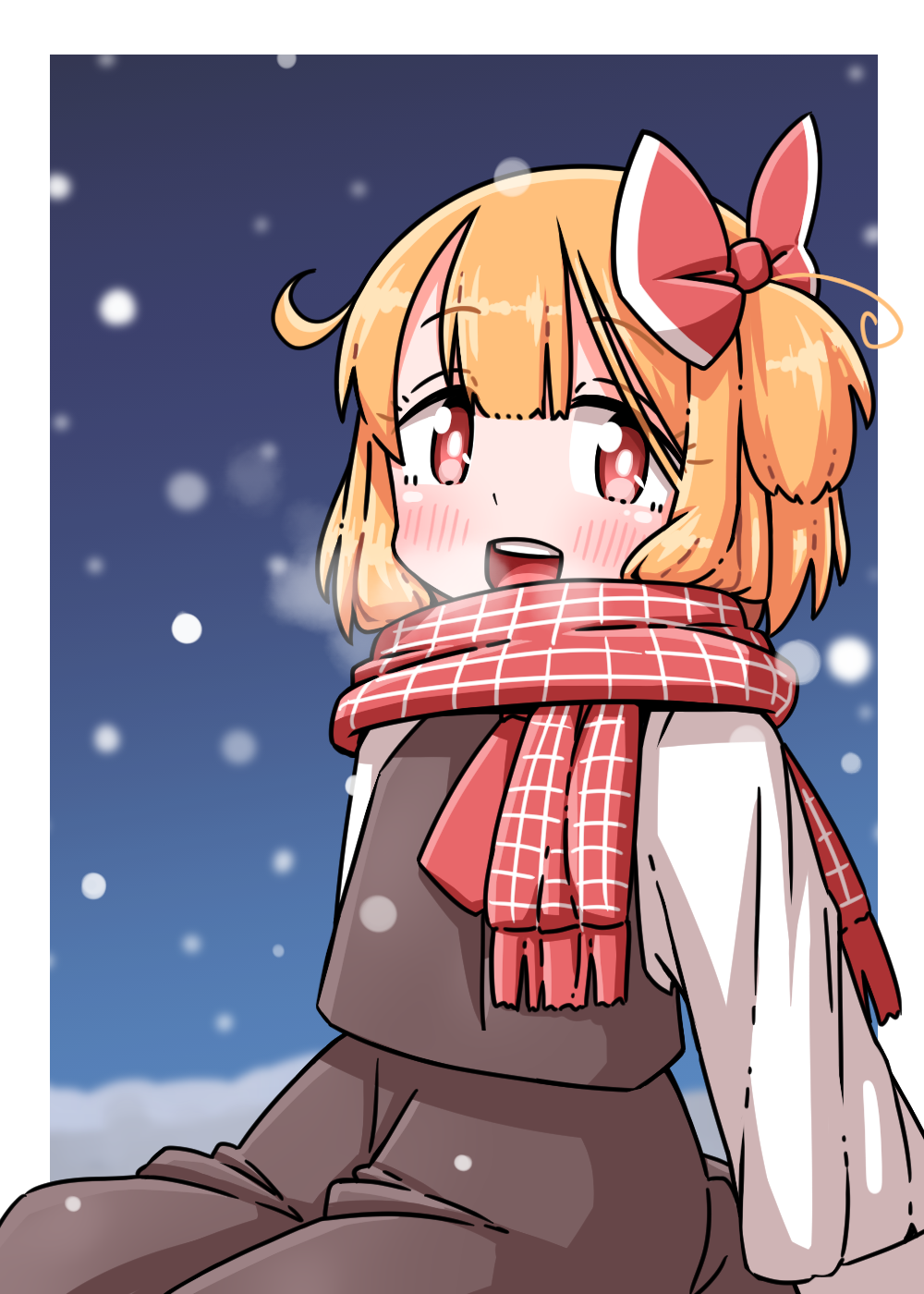 roco (katsuya1011), rumia, touhou, commentary request, highres, 1girl, ascot, black skirt, black vest, blonde hair, blush, bow, breath, hair bow, long sleeves, looking at viewer, open mouth, red ascot, red bow, red eyes, red scarf, scarf, shirt, skirt, skirt set, smile, snowing, solo, vest, white shirt