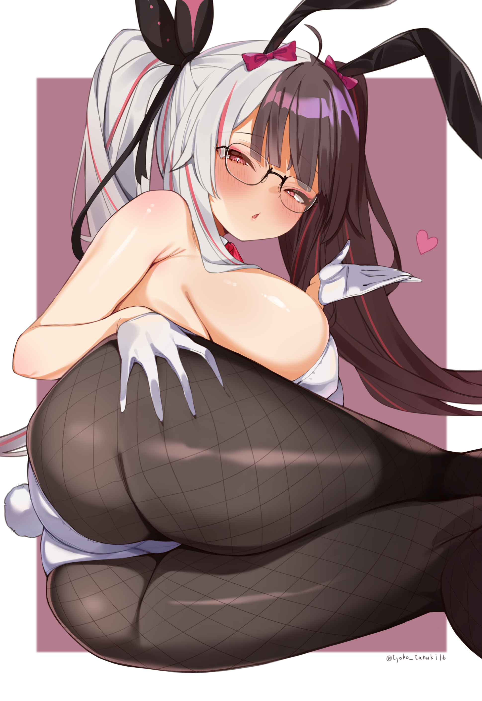 choco tanuki, yorumi rena, nijisanji, absurdres, highres, 1girl, animal ears, ass, black pantyhose, blush, bow, breasts, bright pupils, brown hair, fake animal ears, fake tail, fishnet pantyhose, fishnets, glasses, gloves, grey hair, hair bow, half-closed eyes, half gloves, heart, large breasts, leotard, lips, long hair, looking at viewer, looking back, lying, multicolored hair, on side, pantyhose, playboy bunny, rabbit ears, rabbit tail, red bow, red eyes, red hair, split-color hair, streaked hair, tail, twintails, two-tone hair, virtual youtuber, white gloves, white leotard