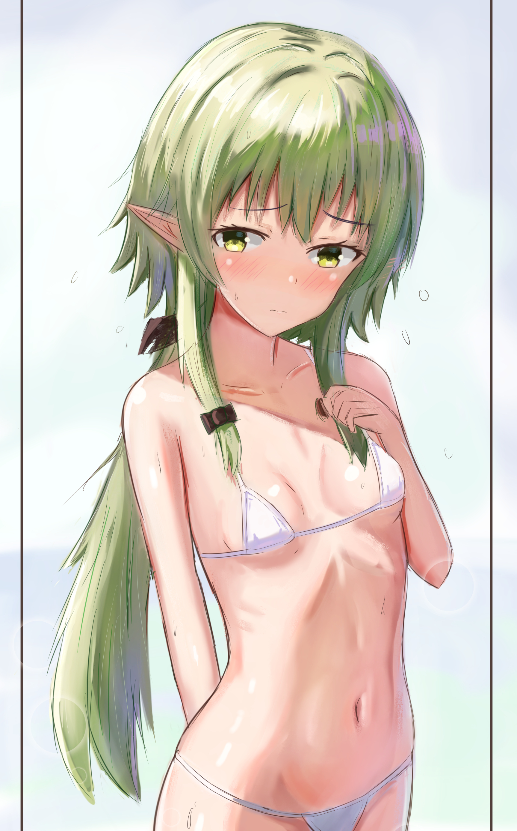flygombal, high elf archer (goblin slayer!), goblin slayer!, absurdres, commentary, highres, 1girl, bare shoulders, bikini, blush, breasts, collarbone, elf, green eyes, green hair, long hair, micro bikini, navel, pointy ears, simple background, small breasts, solo, stomach, swimsuit, very long hair, white background, white bikini