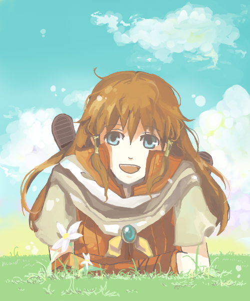 mist (fire emblem), mist (radiant dawn) (fire emblem), fire emblem, fire emblem: path of radiance, fire emblem: radiant dawn, nintendo, blue eyes, brown hair, field, flower, long hair, smile, solo