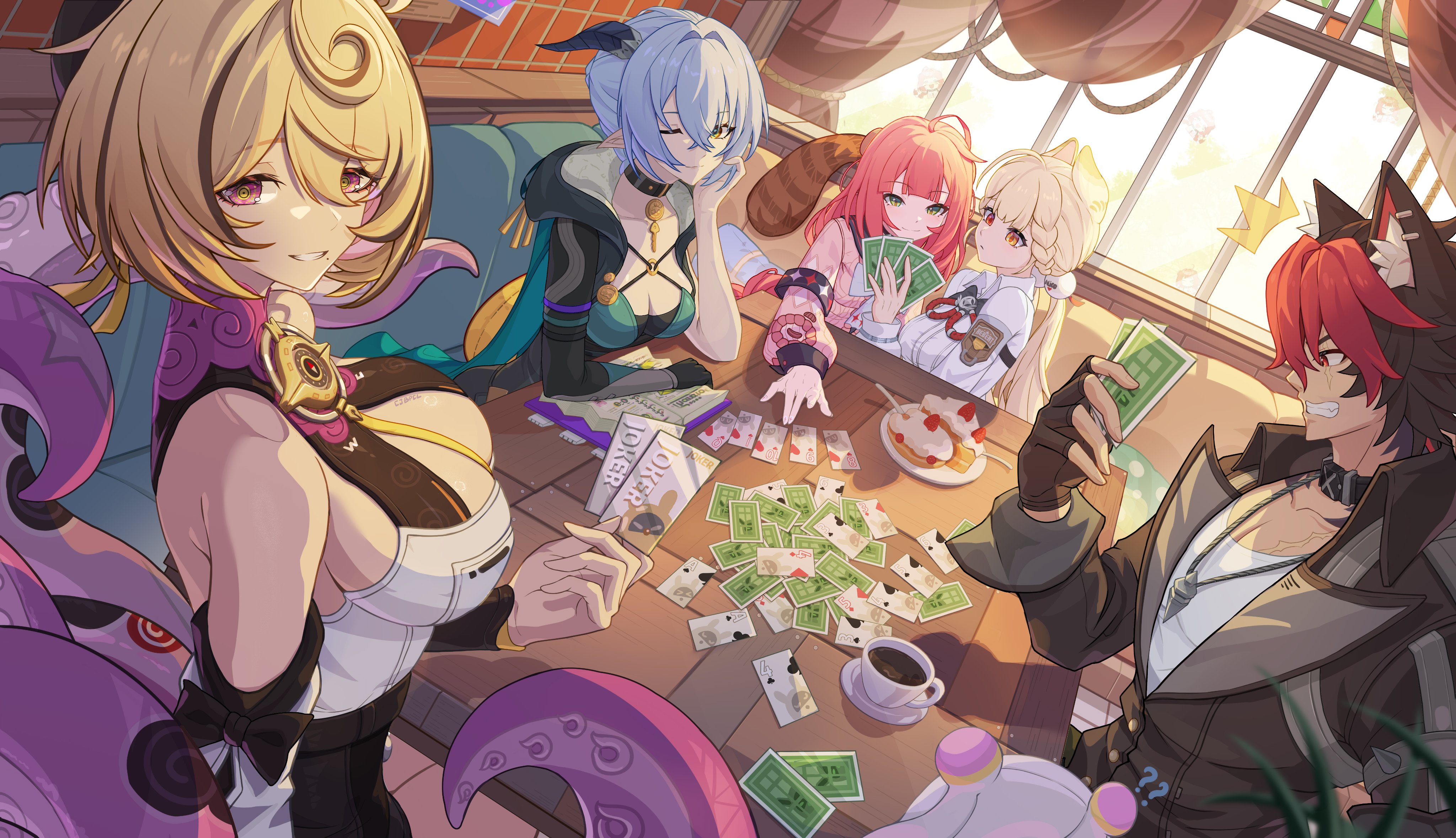 bupa chila, alice thymefield, kamanosuke (zenless zone zero), komano manato, lucia elowen, ukinami yuzuha, yidhari murphy, zenless zone zero, absurdres, hashtag-only commentary, highres, 1boy, 4girls, ?, ??, ^^^, animal ear fluff, animal ear piercing, animal ears, animal on back, bare shoulders, black gloves, black hair, black hat, black unitard, blonde hair, blue hair, braid, braided twintails, breasts, cake, cake slice, card, cardigan, chest bow, choker, cleavage, closed mouth, coffee, collar, collarbone, crossed bangs, cup, curtains, detached sleeves, dog boy, dog ears, fingerless gloves, food, gloves, goat ears, goat girl, goat horns, green eyes, hair between eyes, hair intakes, hair ornament, hat, head rest, heterochromia, high-waist shorts, horizontal pupils, horns, indoors, jewelry, key, key choker, large breasts, long hair, looking at viewer, low twintails, mole, mole under mouth, multicolored hair, multiple girls, muscular, muscular male, necklace, one eye closed, open mouth, parted lips, pectorals, pink cardigan, plate, playing card, pointy ears, purple eyes, rabbit ears, rabbit girl, raccoon, red eyes, red hair, scar, scar across eye, scar on chest, scar on face, shirt, short hair, shorts, sitting, smile, sphere hair ornament, suction cups, table, tentacle girl, tentacle tail, tentacles, twintails, white shirt, window, yellow eyes