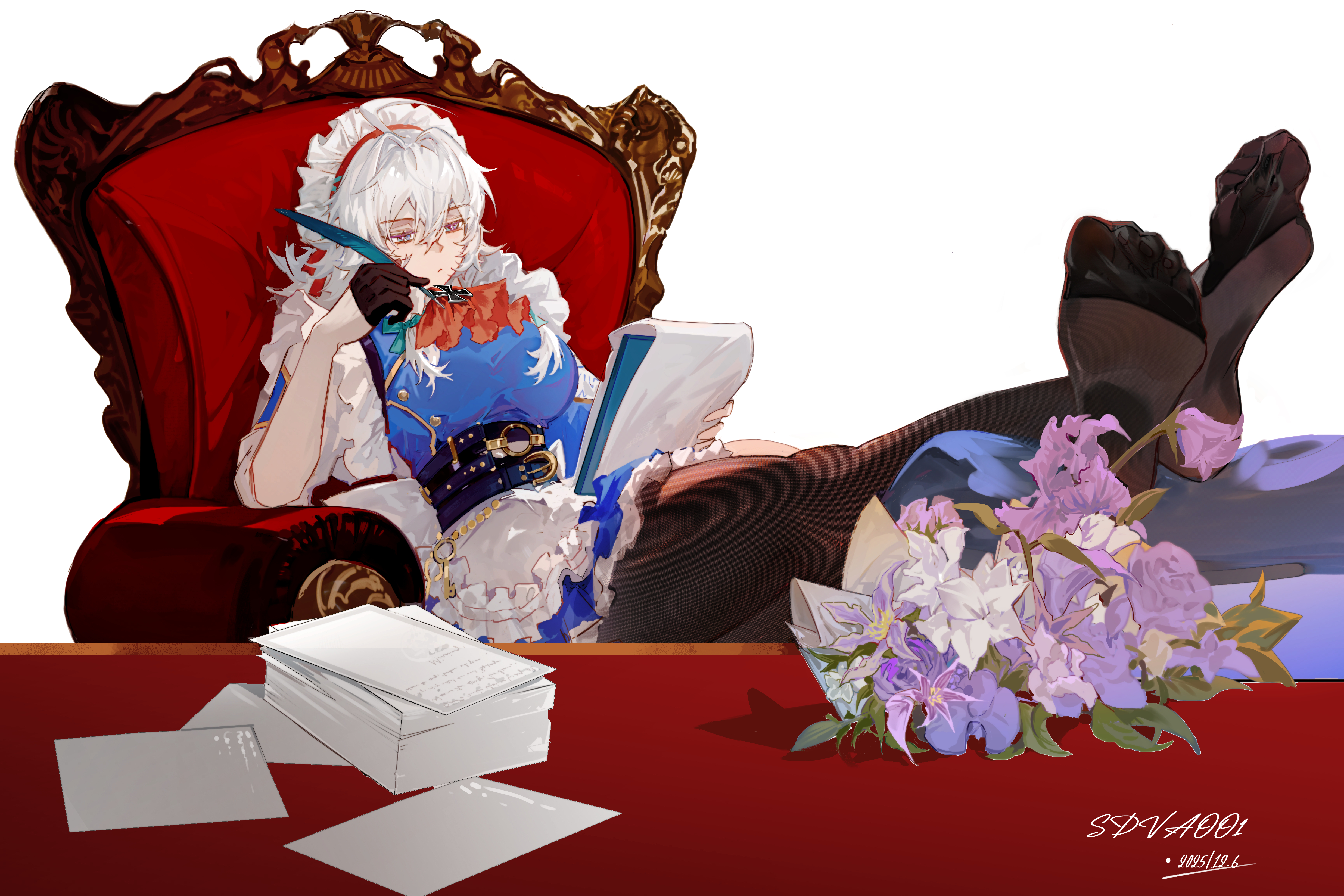 xiuchundao, izayoi sakuya, touhou, absurdres, chinese commentary, flower request, highres, 1girl, apron, artist name, ascot, black gloves, blue dress, braid, breasts, brown pantyhose, chair, dated, dress, feet on table, flower, gloves, grey hair, half-closed eyes, half gloves, holding, holding quill, large breasts, long hair, maid, maid headdress, on chair, pantyhose, paper, purple flower, quill, red ascot, sitting, solo, twin braids, waist apron, white apron, white flower