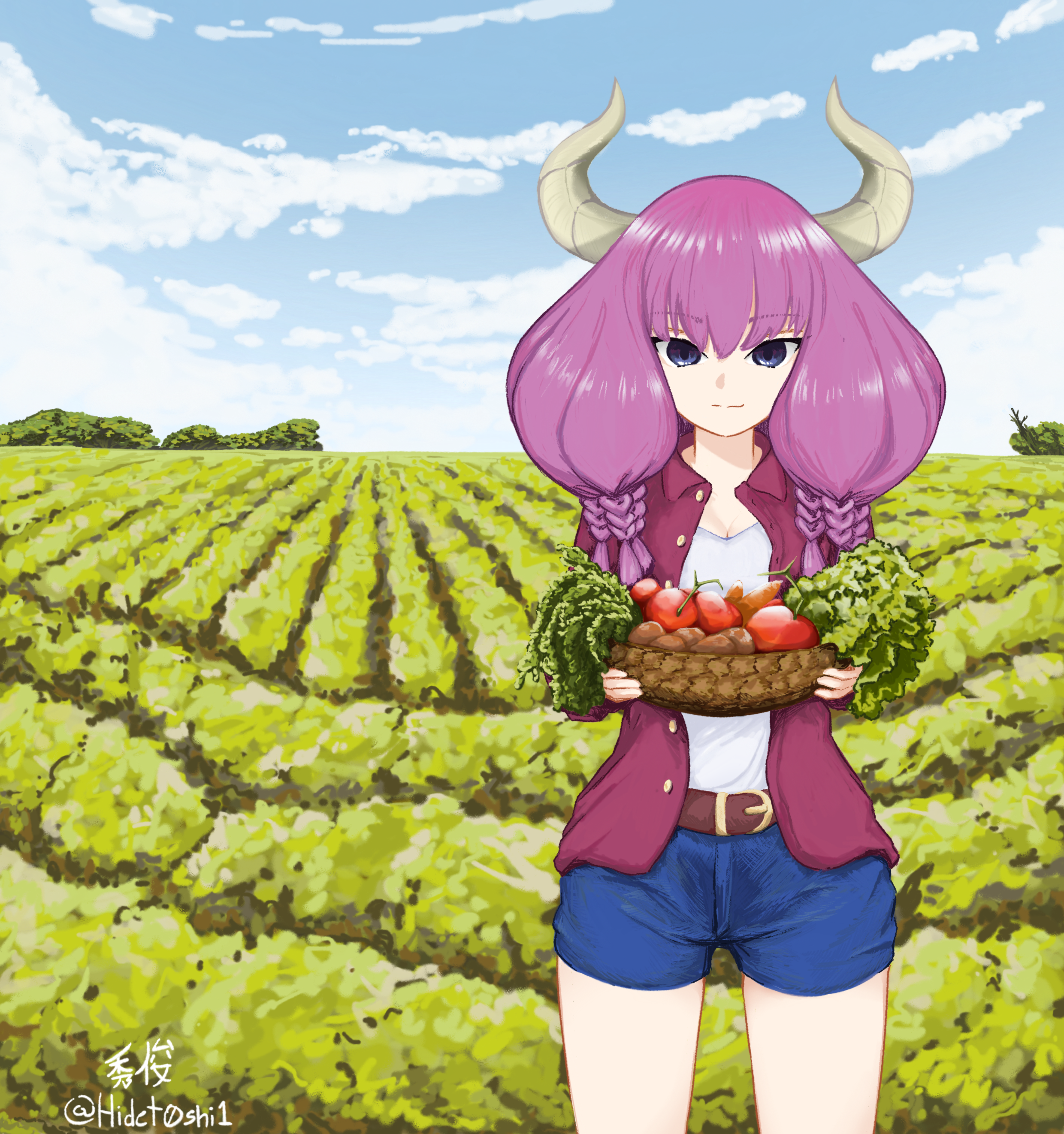 aura (sousou no frieren), sousou no frieren, absurdres, highres, 1girl, artist name, basket, belt, belt buckle, blue eyes, blue shorts, brown belt, buckle, carrot, closed mouth, cloud, cowboy shot, demon girl, demon horns, field, food, hidet0shi1, holding, holding basket, horns, jacket, light smile, long hair, open clothes, open jacket, outdoors, pink hair, potato, purple jacket, quad braids, shirt, short shorts, shorts, signature, sky, solo, standing, tomato, twitter username, vegetable, white shirt