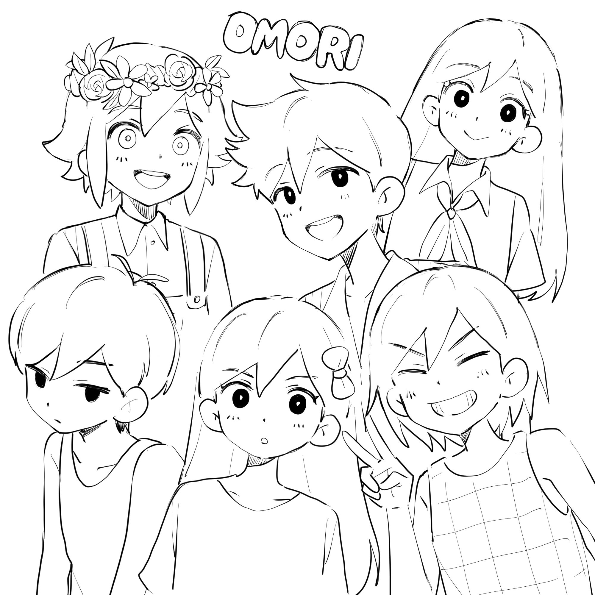 nico0, aubrey (headspace) (omori), aubrey (omori), basil (headspace) (omori), basil (omori), hero (headspace) (omori), hero (omori), kel (headspace) (omori), kel (omori), mari (headspace) (omori), mari (omori), omori (omori), omori, commentary, hashtag-only commentary, highres, 2girls, 4boys, :>, antenna hair, blush, bow, bright pupils, brother and sister, brothers, checkered clothes, closed eyes, closed mouth, collarbone, collared pajamas, collared shirt, copyright name, double-parted bangs, expressionless, flower, flower wreath, greyscale, grin, hair bow, head wreath, long hair, looking at viewer, monochrome, multiple boys, multiple girls, neckerchief, open mouth, overalls, pajamas, parted lips, shirt, short hair, siblings, sidelocks, simple background, sketch, smile, striped clothes, striped pajamas, sweater vest, tank top, teeth, upper teeth only, v, vertical-striped clothes, vertical-striped pajamas