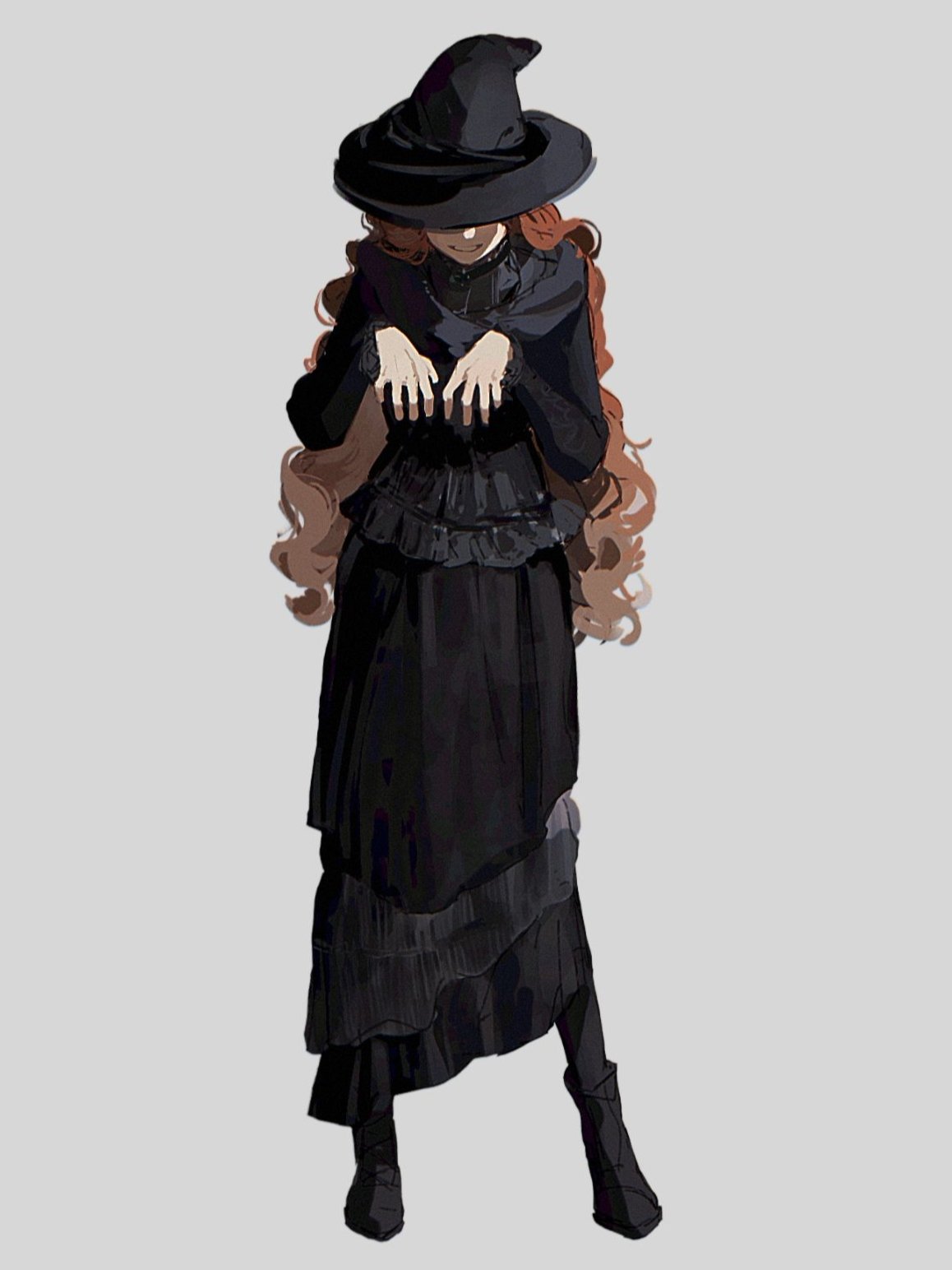 hiiragimare, hogwarts legacy, original, wizarding world, highres, 1girl, black dress, black hat, black shoes, black thighhighs, covered eyes, dress, full body, gynger edventray (hiiragimare), hat, long dress, long hair, red hair, shoes, simple background, smile, solo, standing, thighhighs, white background, witch, witch hat