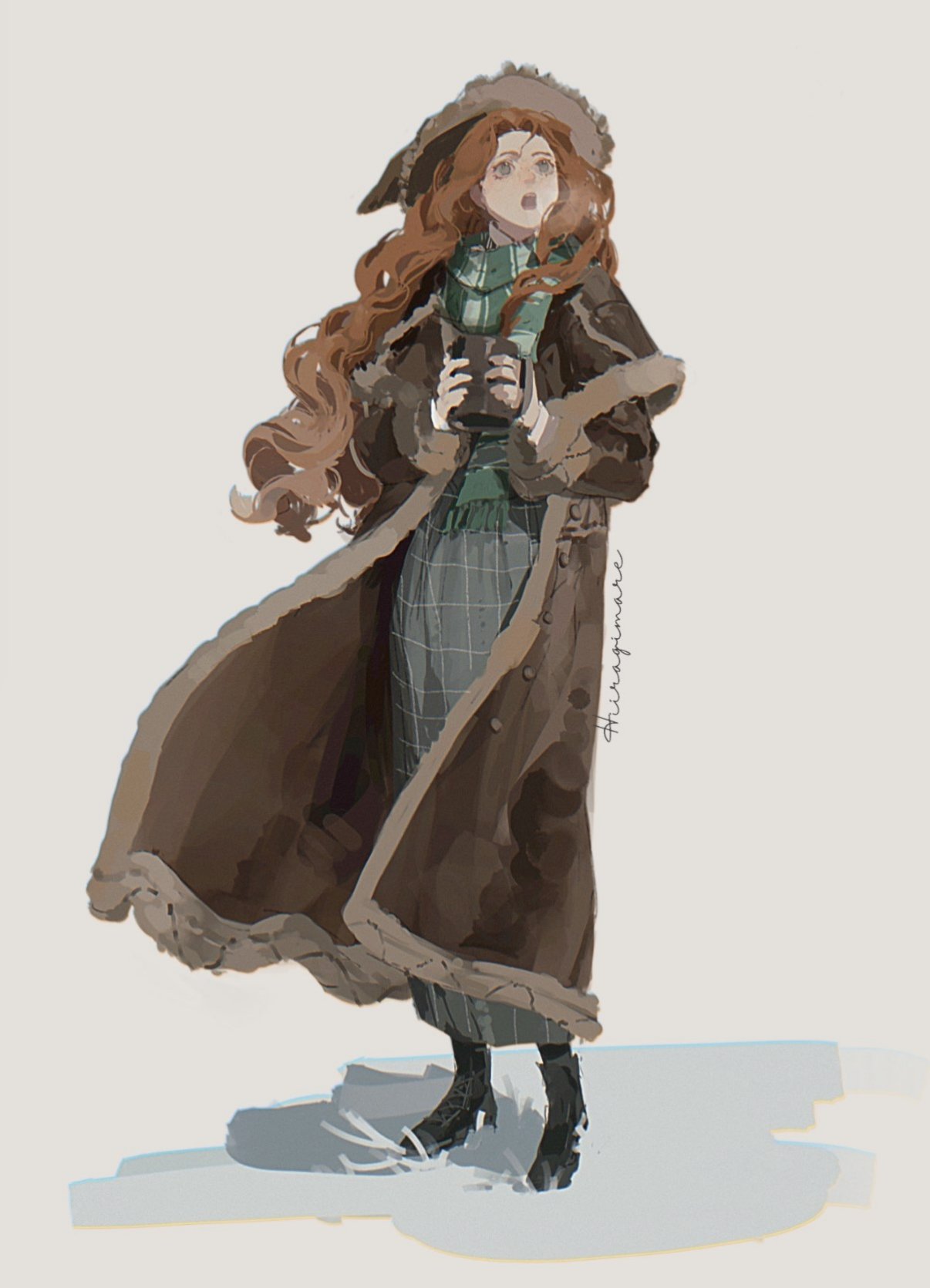 hiiragimare, hogwarts legacy, original, wizarding world, highres, 1girl, blue eyes, brown coat, coat, cup, floating hair, full body, fur-trimmed coat, fur trim, green scarf, grey skirt, gynger edventray (hiiragimare), holding, holding cup, hood, hooded coat, long hair, long skirt, open mouth, outdoors, red hair, scarf, simple background, skirt, snow, solo, white background