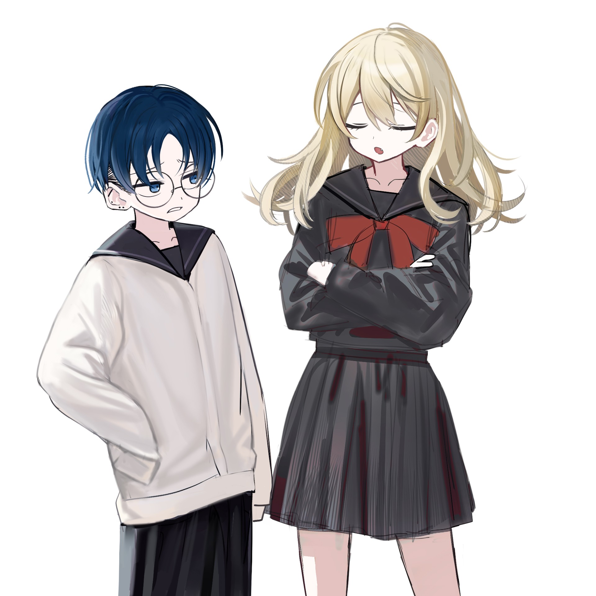 nikaidou mawari, tatsumi reiha, futsuu no keion-bu, chinese commentary, commentary request, highres, 2girls, :o, arm at side, black serafuku, black shirt, blonde hair, blue eyes, blue hair, bow, bowtie, closed eyes, cowboy shot, crossed arms, ear piercing, glasses, jitome, long hair, multiple girls, parted bangs, piercing, pleated skirt, raised inner eyebrows, red bow, red bowtie, round eyewear, sailor collar, sailor shirt, school uniform, serafuku, shirt, short hair, simple background, skirt, sleeves past fingers, sleeves past wrists, standing, sweater, u u, undercut, urakko, white background, white sweater