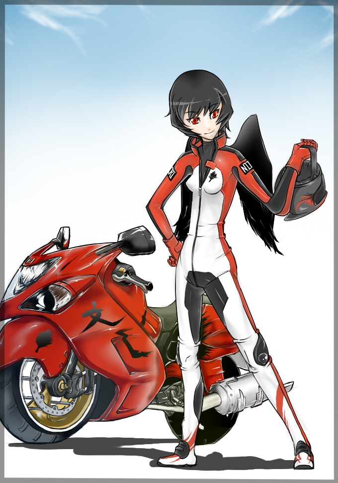 fuyugasumi, shameimaru aya, touhou, vehicle, bad id, bad pixiv id, 1girl, black hair, black wings, bodysuit, breasts, female focus, full body, gradient background, helmet, motor vehicle, motorcycle, outdoors, red eyes, short hair, sky, solo, standing, white background, wings
