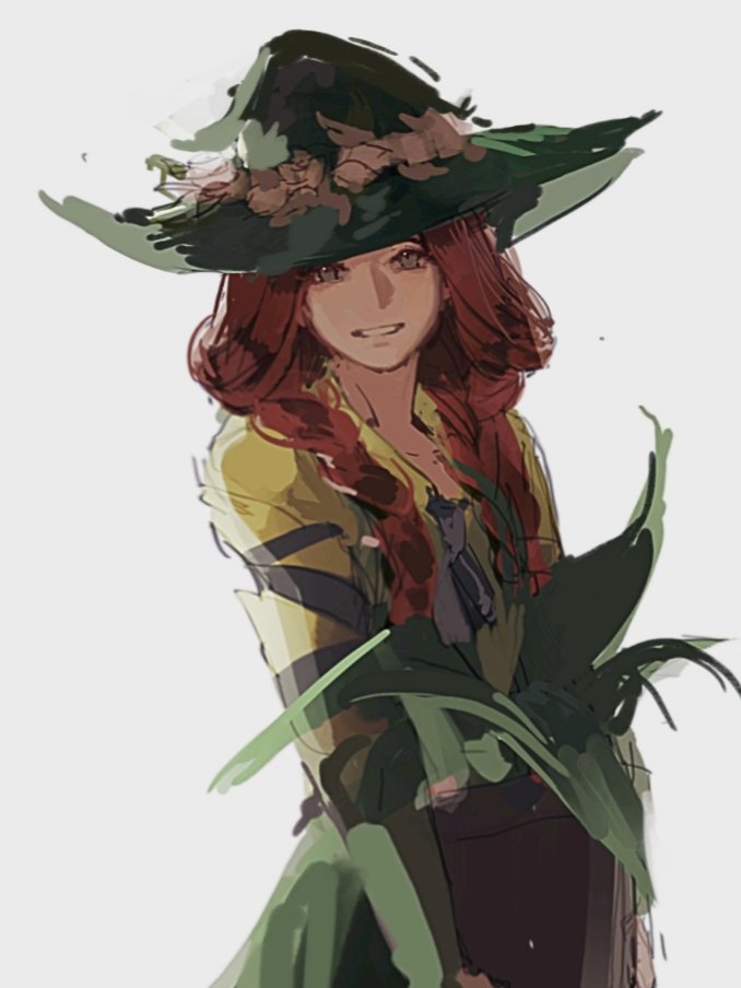 hiiragimare, mirabel garlick, hogwarts legacy, wizarding world, 1girl, animification, braid, braided ponytail, flower pot, green hat, green skirt, hat, holding, holding flower pot, long hair, long skirt, looking at viewer, red hair, shirt, simple background, sketch, skirt, smile, solo, twintails, upper body, white background, witch hat, yellow shirt