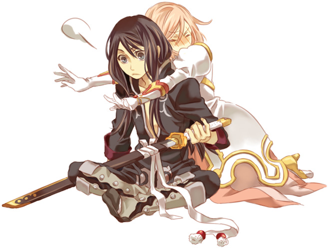 miho (mi), estellise sidos heurassein, yuri lowell, tales of (series), tales of vesperia, grey footwear, 00s, 1boy, 1girl, black eyes, black hair, blush, boots, gloves, hetero, hug, knee boots, long hair, pink hair, sheath, sheathed, short hair, sword, weapon