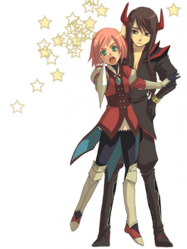 estellise sidos heurassein, yuri lowell, tales of (series), tales of vesperia, 00s, 1boy, 1girl, alternate costume, black eyes, black hair, boots, bracelet, gloves, green eyes, horns, jewelry, knee boots, long hair, official alternate costume, pink hair, short hair, sword, weapon