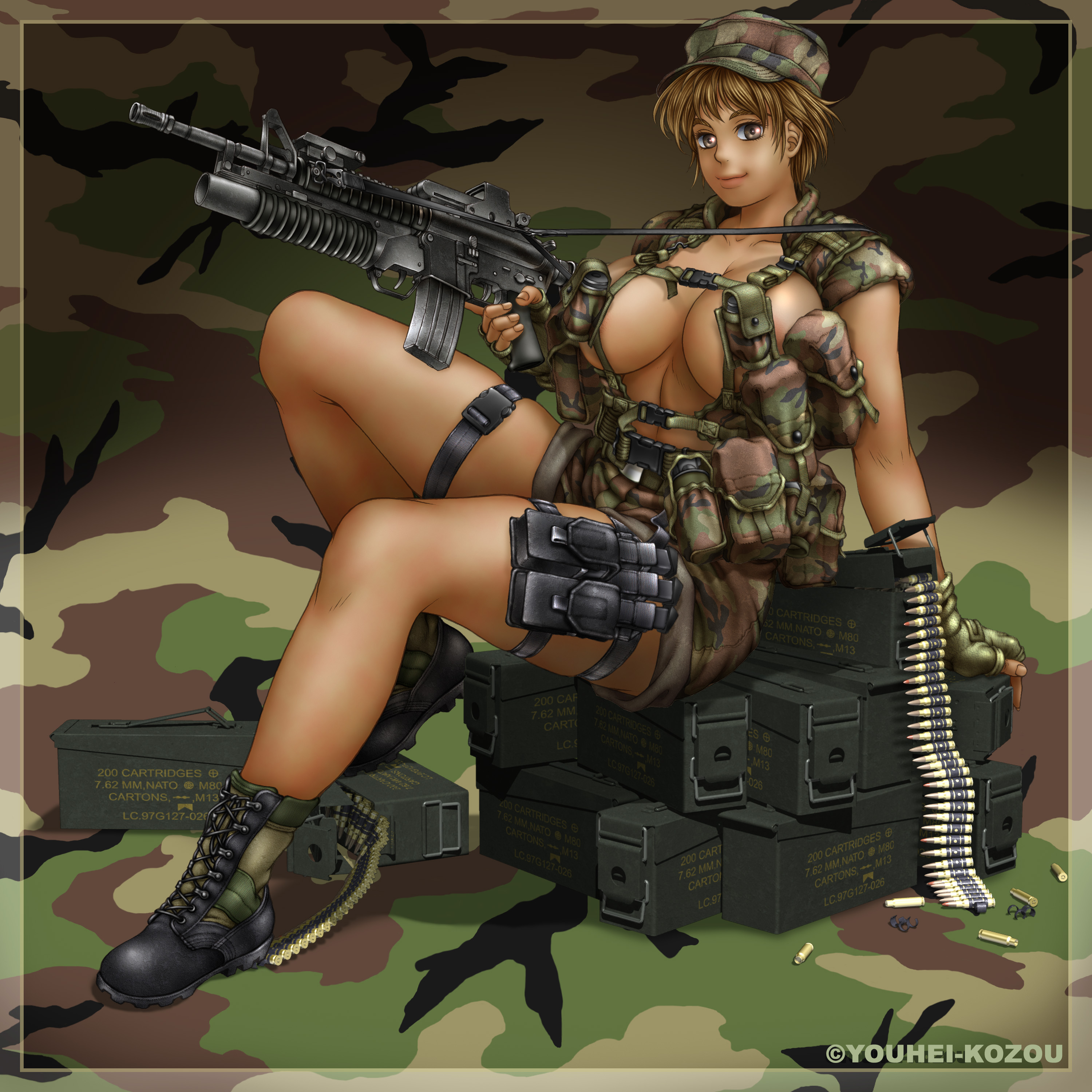 youhei kozou, phaia, aai corporation, airtronic usa, colt's manufacturing company, colt defense, diemaco, knight's armament company, lewis machine and tool company, rm equipment, spunky knight, u.s. ordnance, absurdres, highres, 1girl, ammunition, ammunition box, artist name, assault rifle, blonde hair, boots, border, breasts, breasts out, brown eyes, bullet, camouflage, camouflage background, curvy, female focus, fingerless gloves, gloves, grenade launcher, gun, huge breasts, large areolae, large breasts, looking at viewer, m16, m203, machine gun, military, military fatigues, military uniform, military vest, nipples, puffy nipples, rifle, short hair, smile, solo, thigh strap, trigger discipline, underbarrel grenade launcher, vest, weapon
