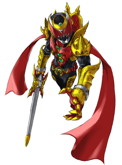spoiled kandume, kamen rider kiva, kamen rider kiva (emperor form), kamen rider, kamen rider kiva (series), 1boy, armor, cape, full body, gauntlets, gold armor, looking at viewer, male focus, simple background, solo, standing, sword, weapon, white background
