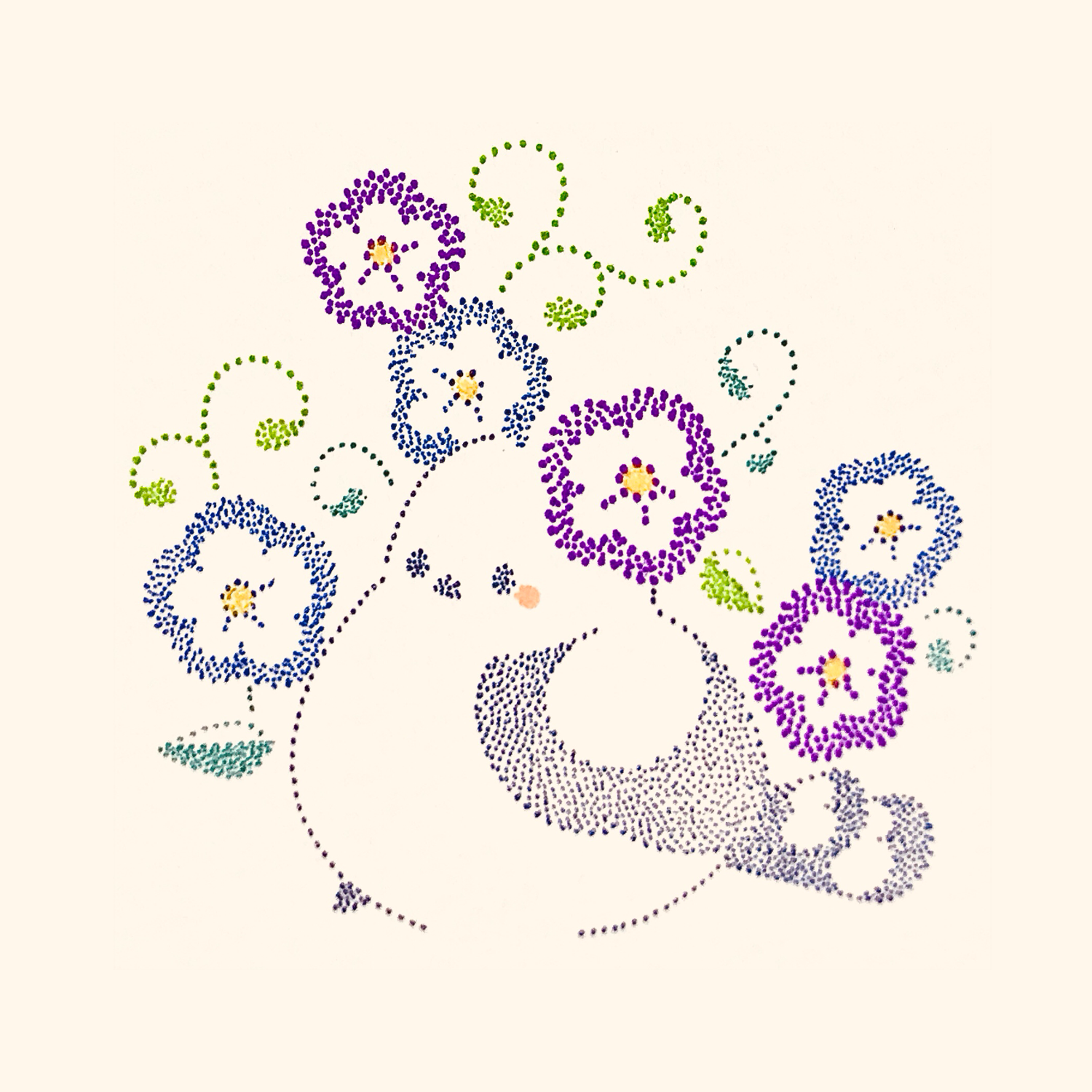 original, highres, traditional media, animal focus, bird, blue flower, flower, full body, long-tailed tit, morning glory, no humans, purple flower, solo, tit (bird), usagi shigeko