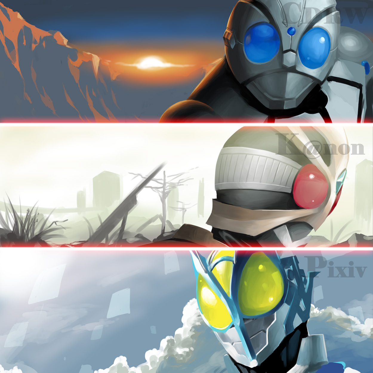 obui, kamen rider cdrw, kamen rider k@non, kamen rider pixiv, kamen rider, original, highres, 3boys, bodysuit, helmet, horizon, male focus, multiple boys, outdoors, ruins, sun, sunlight, sunrise, upper body