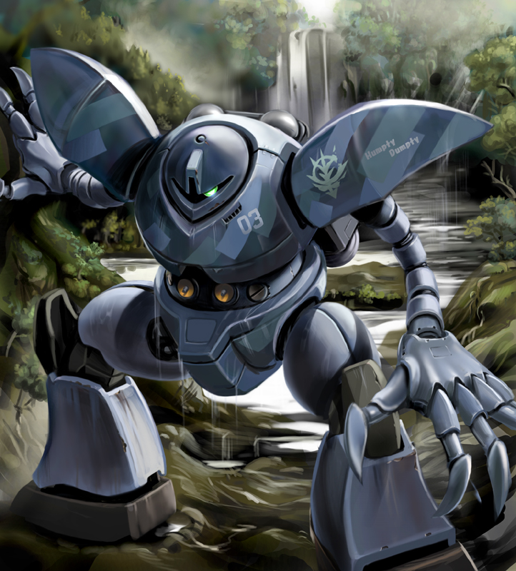 dorasu, gogg, gundam, mobile suit gundam, jungle, mecha, nature, no humans, robot, solo, water, waterfall, wet, wetland