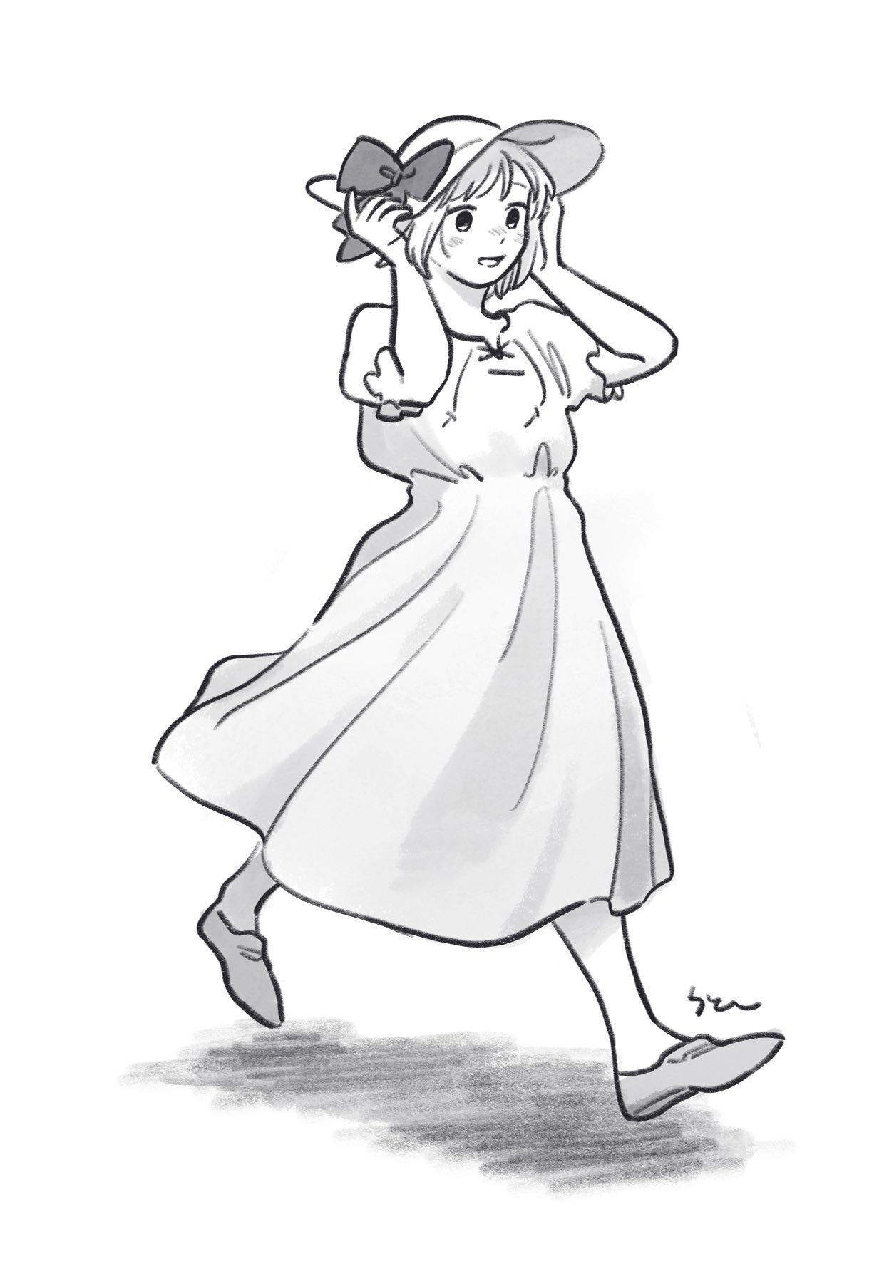 mi aph to, liechtenstein (hetalia), axis powers hetalia, commentary request, highres, 1girl, blush, bow, dress, full body, greyscale, hands on headwear, hands up, hat, hat bow, looking to the side, monochrome, open mouth, puffy short sleeves, puffy sleeves, shadow, shoes, short hair, short sleeves, simple background, smile, solo, walking