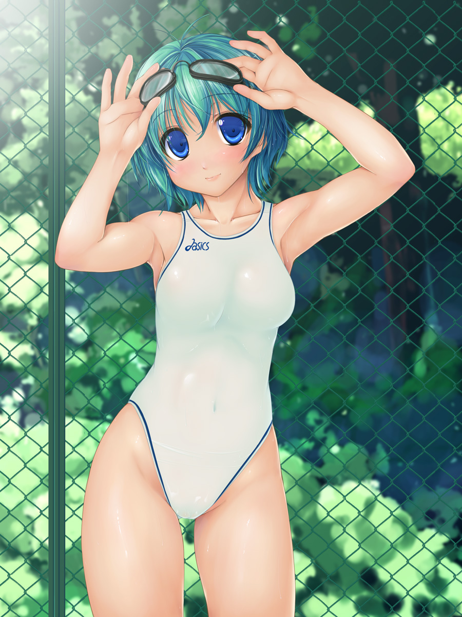 ishii akira, asics, highres, 1girl, aqua hair, armpits, arms up, bare shoulders, blue eyes, chain-link fence, competition swimsuit, female focus, fence, goggles, navel, one-piece swimsuit, see-through clothes, short hair, smile, solo, swimsuit
