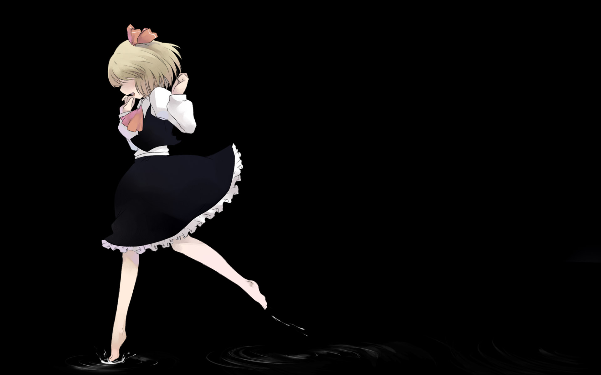 mikage sekizai, rumia, embodiment of scarlet devil, touhou, highres, 1girl, barefoot, blonde hair, dark, darkness, feet, female focus, hair ornament, hair ribbon, red eyes, ribbon, ripples, short hair, solo, walking, walking on liquid, water