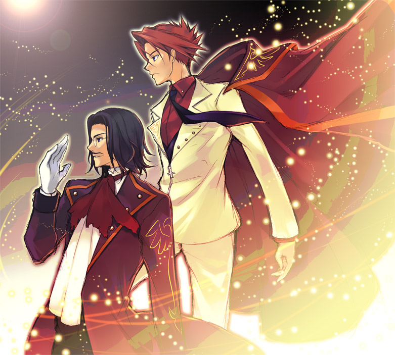 honda tamanosuke, ronove (umineko), ushiromiya battler, umineko no naku koro ni, 00s, 2boys, black hair, butler, facial hair, jacket, monocle, multiple boys, mustache, necktie, red hair