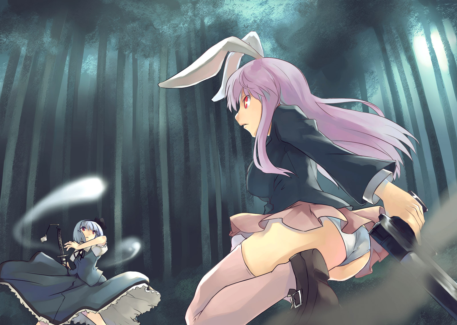 mikage sekizai, konpaku youmu, konpaku youmu (ghost), reisen udongein inaba, touhou, highres, 2girls, animal ears, ass, bamboo, bamboo forest, battle, breasts, buckle, female focus, forest, from behind, from below, full moon, gun, hip focus, hitodama, katana, large breasts, mary janes, moon, multiple girls, nature, night, outdoors, panties, pantyshot, rabbit ears, shirt, shoes, skirt, skirt set, sword, thighhighs, underwear, upskirt, vest, weapon, white panties