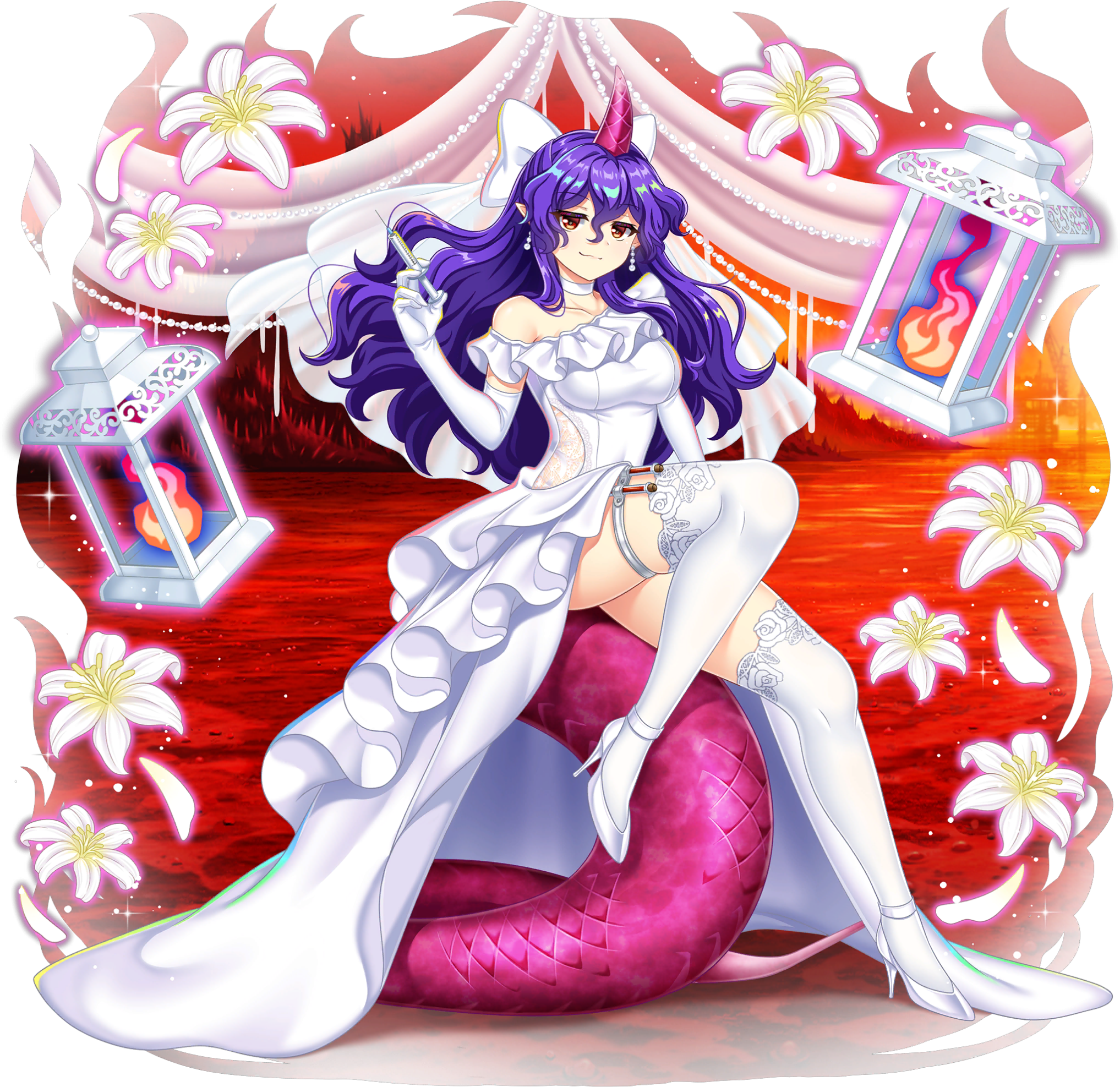 rotte (1109), tenkajin chiyari, touhou, touhou lostword, flower request, game cg, highres, official art, third-party source, 1girl, alternate costume, bow, breasts, bridal veil, choker, closed mouth, collarbone, dress, earrings, elbow gloves, falling petals, flower, gloves, hair bow, high-low dress, high heels, holding, holding syringe, horns, jewelry, lantern, lizard tail, long hair, long tail, petals, pointy ears, purple hair, purple horns, purple tail, red eyes, see-through clothes, see-through veil, shoes, single horn, sitting on own tail, smile, solo, syringe, tail, test tube, thigh strap, thighhighs, transparent background, veil, very long hair, wedding dress, white bow, white choker, white dress, white flower, white gloves, white petals, white shoes, white thighhighs