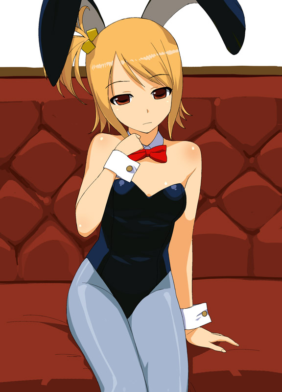 a1 (initial-g), setsu (dream c club), dream c club, dream c club (series), 1girl, animal ears, bow, bowtie, cube hair ornament, fake animal ears, female focus, hair ornament, pantyhose, playboy bunny, rabbit ears, short hair, side ponytail, sitting, solo