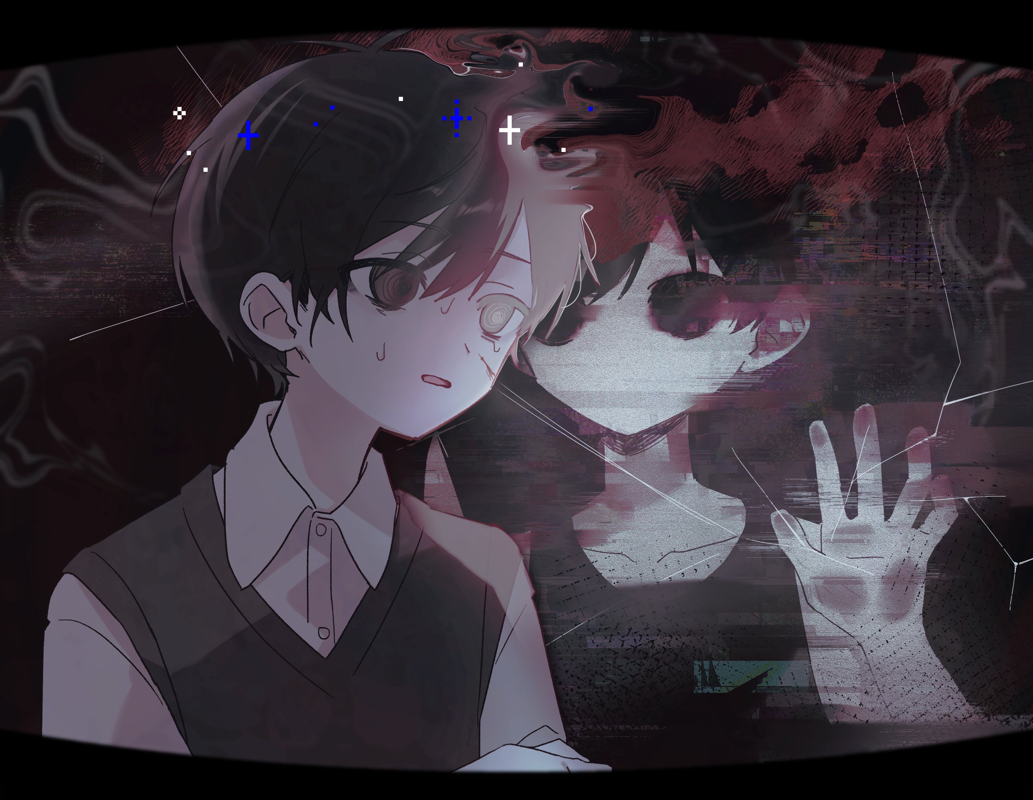 mqd0rl, omori (omori), sunny (omori), omori, absurdres, highres, 2boys, antenna hair, black eyes, black hair, black sweater vest, black tank top, collarbone, collared shirt, colored skin, double-parted bangs, dual persona, hair between eyes, looking at another, male focus, multiple boys, no mouth, open mouth, shirt, short hair, short sleeves, sweat, sweater vest, tank top, white shirt, white skin