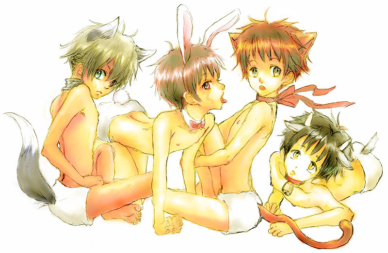 4boys, animal ears, bell, cat ears, cat tail, collar, male focus, multiple boys, rabbit ears, ribbon, short hair, shota, tail, underwear, wolf ears
