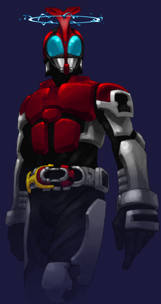 spoiled kandume, kamen rider kabuto, kamen rider, kamen rider kabuto (series), 1boy, belt, blue eyes, buckle, cowboy shot, gauntlets, helmet, horns, looking at viewer, male focus, solo