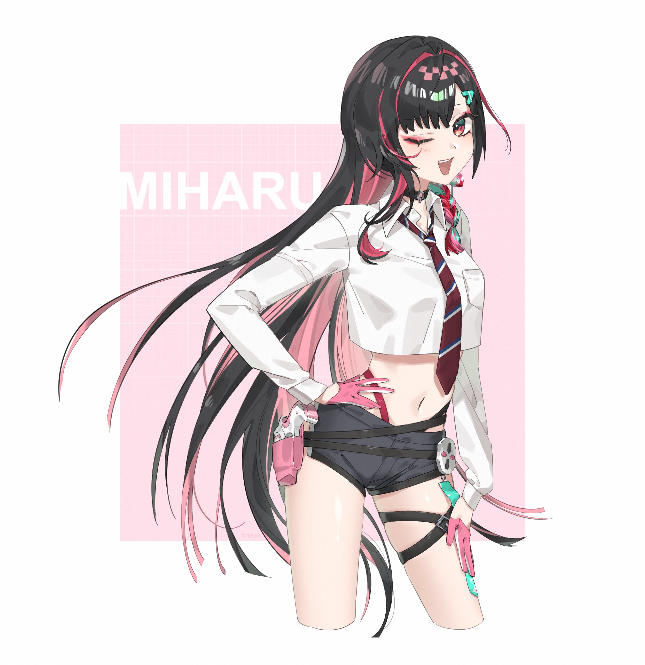 charon universe, absurdres, highres, 1girl, bi te me ga, black choker, black hair, black shorts, braid, breast pocket, character name, choker, collared shirt, crop top, crop top overhang, cropped legs, eyeshadow, gloves, hand on own hip, hand on own thigh, highleg, holstered, long hair, long sleeves, looking at viewer, makeup, midriff, miharu (charon universe), multicolored hair, navel, necktie, o-ring, o-ring choker, one eye closed, open mouth, panty straps, pink gloves, pink hair, pocket, red eyes, red necktie, shirt, short shorts, shorts, smile, solo, stomach, streaked hair, striped necktie, thighs, two-tone hair, very long hair, virtual youtuber, white shirt