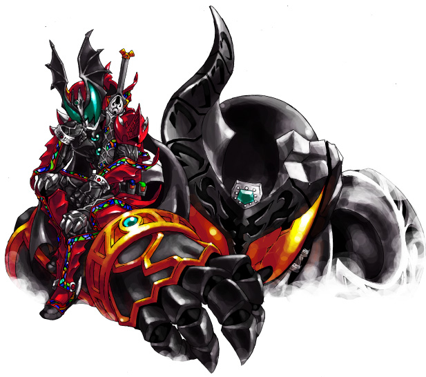 spoiled kandume, kamen rider arc, kamen rider dark kiva, kamen rider, kamen rider kiva (series), red footwear, 1boy, armor, boots, bracelet, damaged, fake horns, full body, head wings, helmet, horned helmet, horns, jewelry, knee boots, looking at viewer, sheath, sheathed, shoulder pads, shoulder spikes, simple background, spikes, standing, sword, weapon, white background, wings