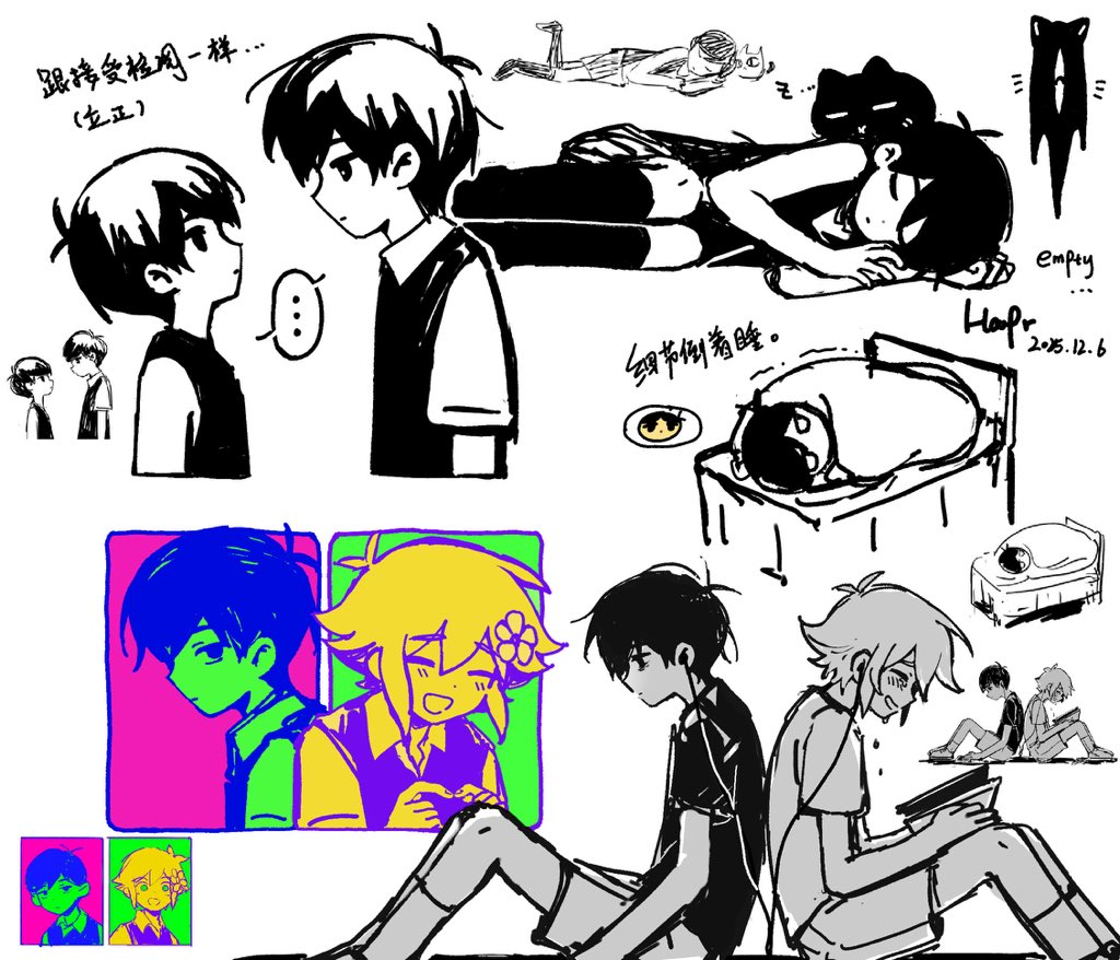 hapr (noneprice), basil (faraway) (omori), basil (omori), mewo, omori (omori), something (omori), sunny (omori), omori, commentary, english commentary, translation request, …, 3boys, alternate costume, antenna hair, artist name, cat, chinese text, closed eyes, closed mouth, collared shirt, crying, dated, double-parted bangs, dual persona, earphones, english text, fried egg, hair between eyes, kneehighs, looking at another, lying, male focus, mixed-language text, multiple boys, on bed, on side, partially colored, reference inset, shared earphones, shared speech bubble, shirt, short hair, shorts, sidelocks, sitting, socks, speech bubble, spoken ellipsis, striped clothes, striped shorts, sweater vest, tank top, under covers, vertical-striped clothes, vertical-striped shorts