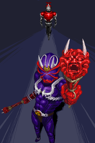 spoiled kandume, kamen rider hibiki, kamen rider kabuto, kamen rider, kamen rider hibiki (series), kamen rider kabuto (series), 2boys, belt, drumsticks, from above, gloves, horns, multiple boys, oni, single horn