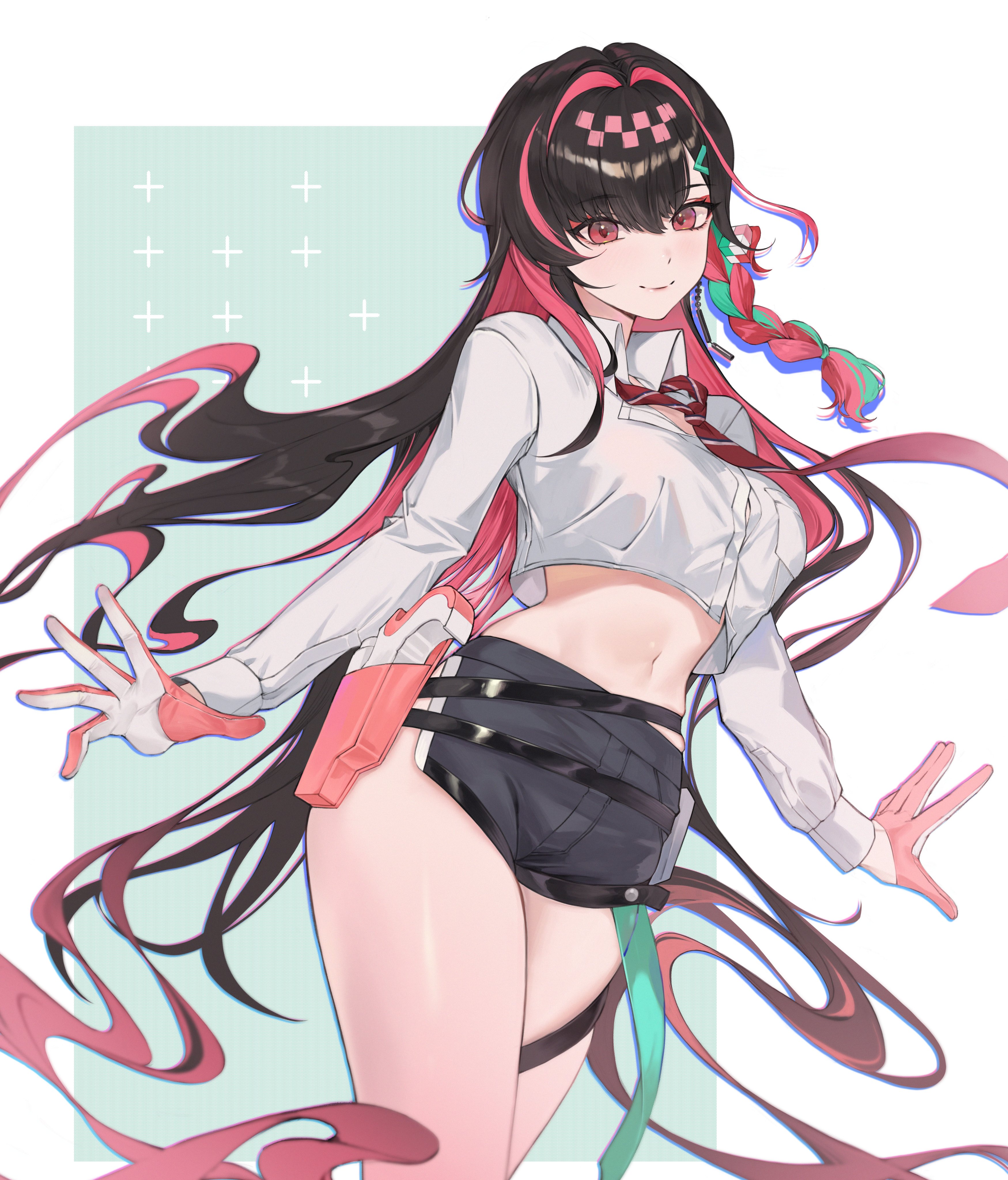 kirr rr, charon universe, absurdres, highres, 1girl, black hair, black shirt, black shorts, breast pocket, breasts, button gap, closed mouth, collared shirt, cowboy shot, crop top, crop top overhang, gloves, holstered, long hair, long sleeves, looking at viewer, medium breasts, midriff, miharu (charon universe), multicolored hair, navel, necktie, pink gloves, pocket, red eyes, red hair, red necktie, shirt, short shorts, shorts, side slit, smile, solo, stomach, streaked hair, thighs, two-tone gloves, two-tone hair, very long hair, virtual youtuber