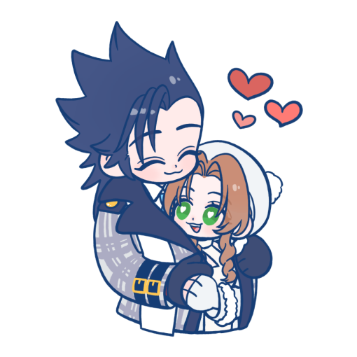 105zz, aerith gainsborough, aerith gainsborough (fairy of snowfall), zack fair, zack fair (holiday suit), final fantasy, final fantasy vii, final fantasy vii: ever crisis, commentary request, 1boy, 1girl, black gloves, black hair, blush, braid, braided ponytail, closed mouth, coat, couple, covering with clothes, cropped torso, fingerless gloves, fur-trimmed coat, fur-trimmed sleeves, fur trim, gloves, green eyes, grey coat, hat, heart, heart-shaped pupils, height difference, hetero, hug, hug from behind, long hair, long sleeves, looking at another, official alternate costume, open mouth, pom pom (clothes), ponytail, simple background, smile, spiked hair, symbol-shaped pupils, white background, white coat, white gloves, white hat