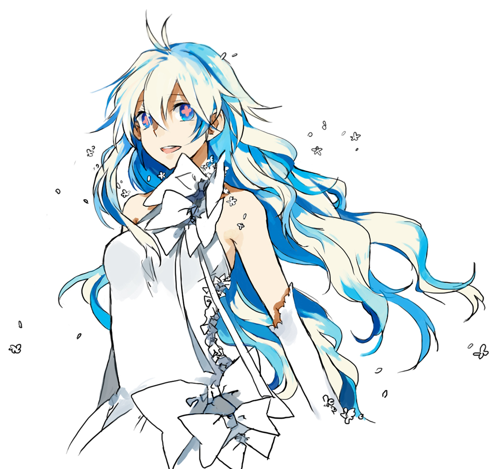 starshadowmagician, nia teppelin, tengen toppa gurren lagann, + +, 00s, 1girl, blue eyes, blue hair, cross-shaped pupils, dress, elbow gloves, female focus, gloves, long hair, matching hair/eyes, solo, symbol-shaped pupils, wedding dress