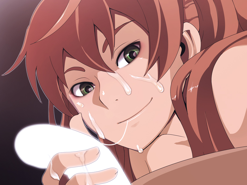 kosame daizu, souryuu asuka langley, neon genesis evangelion, bad id, bad pixiv id, 1girl, brown hair, censored, cum, cum on body, cum string, facial, green eyes, happy facial, long hair, naughty face, penis, smile, solo focus