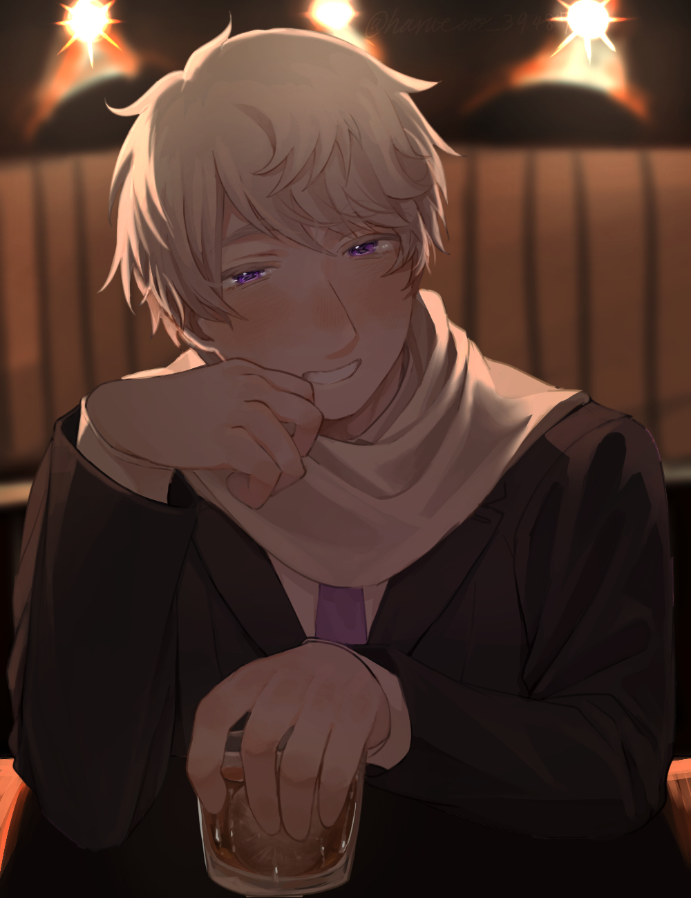 russia (hetalia), axis powers hetalia, commentary, highres, symbol-only commentary, 1boy, alcohol, artist name, black jacket, blonde hair, blurry, blurry background, blush, cup, drinking glass, formal clothes, hair between eyes, half-closed eyes, hand on own face, hand up, harutoro 39487, holding, holding cup, ice, ice cube, indoors, jacket, lapels, looking at viewer, male focus, necktie, purple eyes, purple necktie, scarf, shirt, short hair, sitting, smile, solo, stage lights, suit, suit jacket, teeth, whiskey, white scarf, white shirt