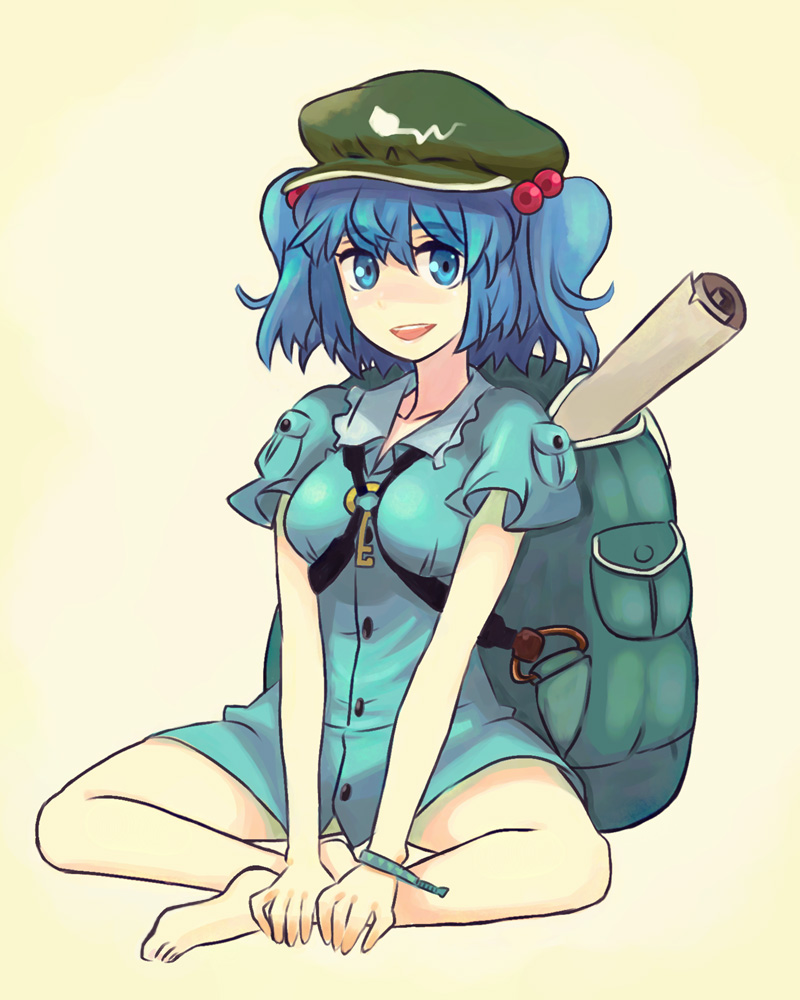 jean (jean sp), kawashiro nitori, touhou, 1girl, backpack, bag, barefoot, blue eyes, blue hair, bottomless, feet, female focus, full body, hair bobbles, hair ornament, hands on feet, hat, indian style, key, matching hair/eyes, open mouth, randoseru, short twintails, simple background, sitting, smile, solo, thick eyebrows, twintails, two side up, v arms