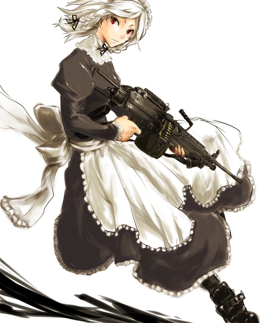 shiro (artist), shiro (hakukosui), izayoi sakuya, touhou, silver hair, 1girl, ammunition box, apron, boots, braid, combat maid, female focus, gun, light machine gun, m249 saw, machine gun, maid, maid apron, red eyes, short hair, solo, twin braids, weapon, white background