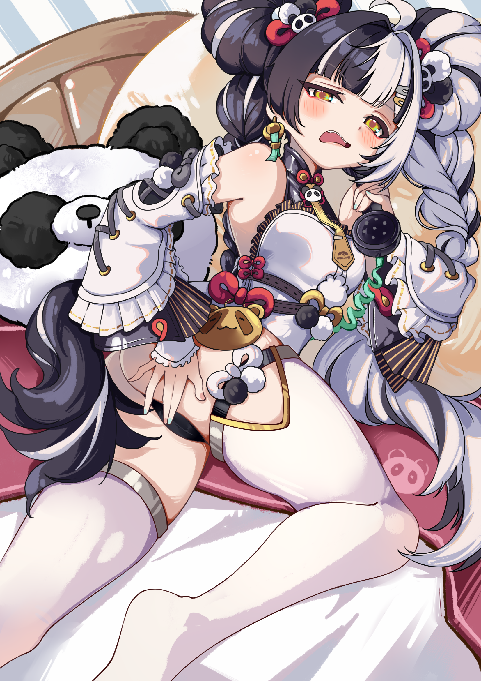 ntmy4332, dialyn (zenless zone zero), zenless zone zero, commentary request, highres, 1girl, ahoge, animal-shaped pillow, animal print, aqua nails, bare shoulders, bear print, black hair, black panties, blush, braid, braided twintails, cameltoe, china dress, chinese clothes, clothing aside, corded phone, detached sleeves, dress, earrings, hair intakes, hair ornament, hairclip, half-closed eye, hand on own arm, holding, holding phone, indoors, jewelry, long hair, looking at viewer, lying, multicolored hair, multicolored nails, necktie, no shoes, on bed, on side, open mouth, panda hair ornament, panda print, panties, pelvic curtain, pelvic curtain aside, phone, pillow, pink nails, solo, split-color hair, thighhighs, underwear, white dress, white hair, white thighhighs, yellow eyes, yellow necktie