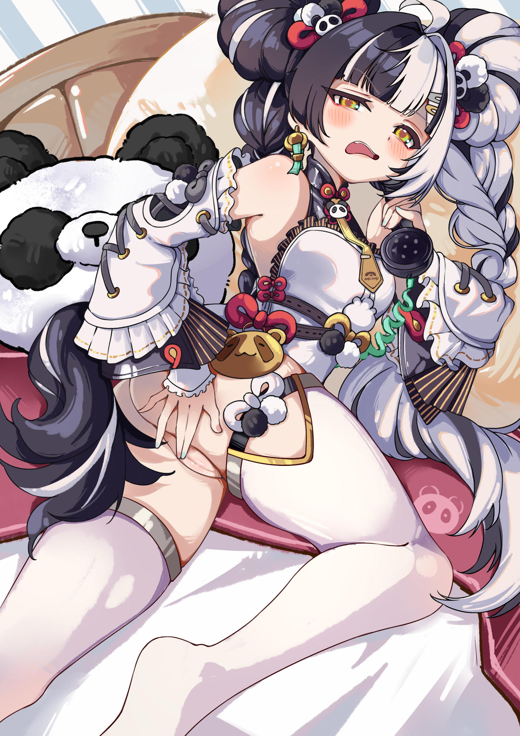 ntmy4332, dialyn (zenless zone zero), zenless zone zero, commentary request, highres, 1girl, ahoge, animal-shaped pillow, animal print, aqua nails, ass, bare shoulders, bear print, black hair, blush, braid, braided twintails, china dress, chinese clothes, corded phone, detached sleeves, dress, earrings, hair intakes, hair ornament, hairclip, half-closed eye, hand on own arm, holding, holding phone, indoors, jewelry, long hair, looking at viewer, lying, multicolored hair, multicolored nails, necktie, no panties, no shoes, on bed, on side, open mouth, panda hair ornament, panda print, phone, pillow, pink nails, pussy, solo, split-color hair, thighhighs, white dress, white hair, white thighhighs, yellow eyes, yellow necktie