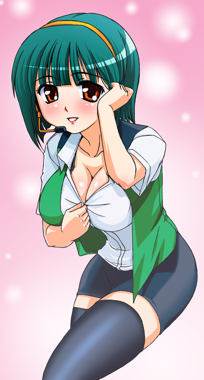 rikumoto yoshiyuki, otonashi kotori, idolmaster, idolmaster (classic), highres, 00s, 1girl, breasts, brown eyes, cleavage, female focus, green hair, headset, large breasts, short hair, solo, thighhighs