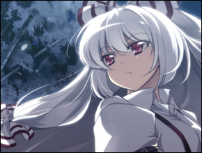 tooya, touya (the-moon), fujiwara no mokou, touhou, silver hair, lowres, 1girl, female focus, forest, hair ribbon, long hair, looking up, nature, night, red eyes, ribbon, shirt, solo, suspenders, tree, white shirt