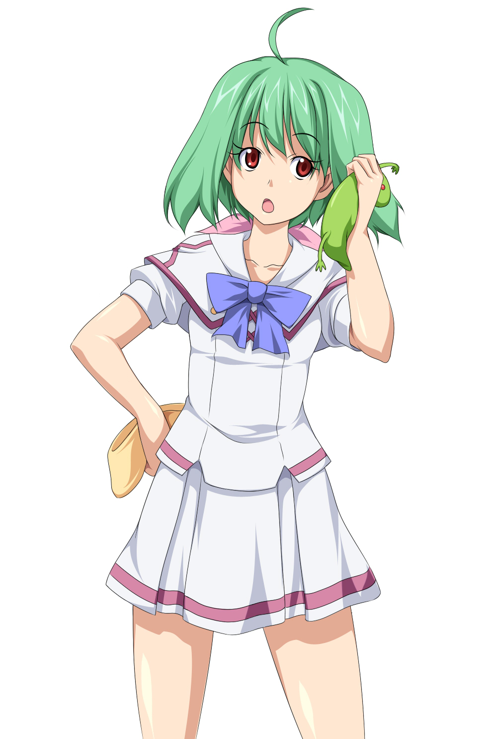 horarezonu, ranka lee, macross, macross frontier, highres, 00s, 1girl, ahoge, female focus, green hair, red eyes, school uniform, short hair, solo