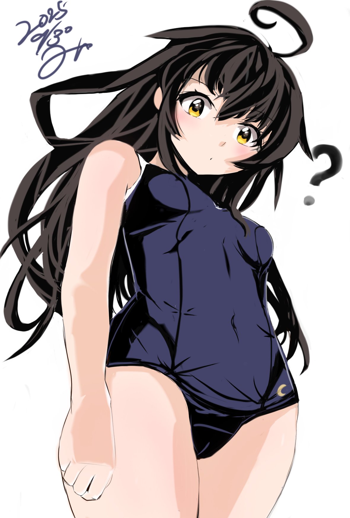 sirayuki0328081, mikazuki (kancolle), kantai collection, highres, 1girl, ?, ahoge, black hair, black one-piece swimsuit, blush, breasts, brown eyes, competition school swimsuit, covered navel, crescent, crescent pin, dated, long hair, looking at viewer, one-piece swimsuit, school swimsuit, small breasts, smile, solo, swimsuit, white background, yellow eyes