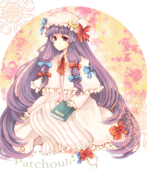 robosuke, patchouli knowledge, touhou, bad id, bad pixiv id, 1girl, book, female focus, hat, long hair, purple eyes, purple hair, solo