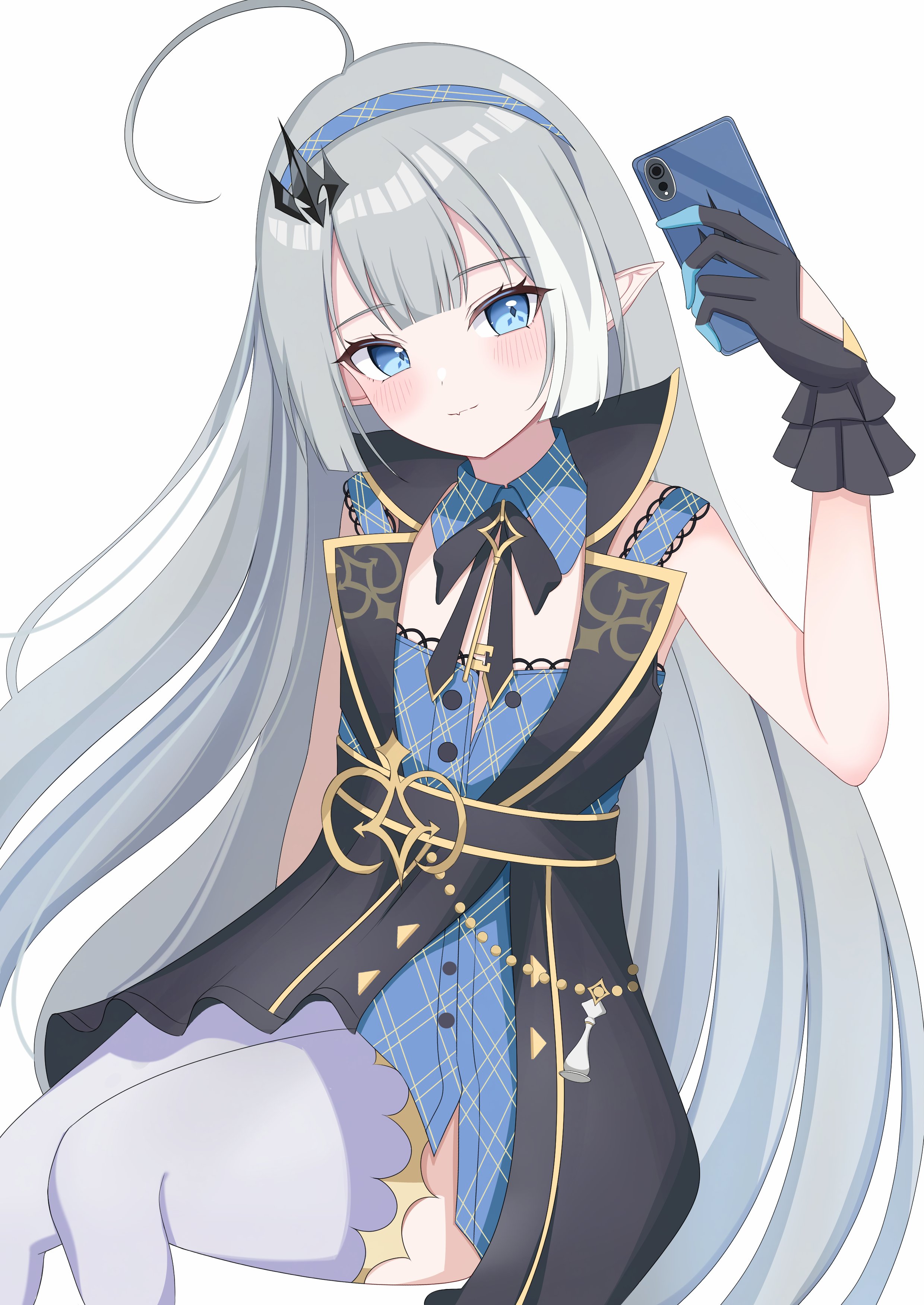 lilack gg, female tyrant (stella sora), tyrant (stella sora), stella sora, absurdres, commentary, highres, 1girl, ahoge, black dress, black gloves, blue dress, blue eyes, blue hairband, blunt sidelocks, breasts, cellphone, dress, gloves, grey hair, hairband, holding, holding phone, invisible chair, layered dress, long hair, looking at viewer, phone, pointy ears, sidelocks, simple background, sitting, sleeveless, sleeveless dress, small breasts, smartphone, smile, solo, thighhighs, white background, white thighhighs