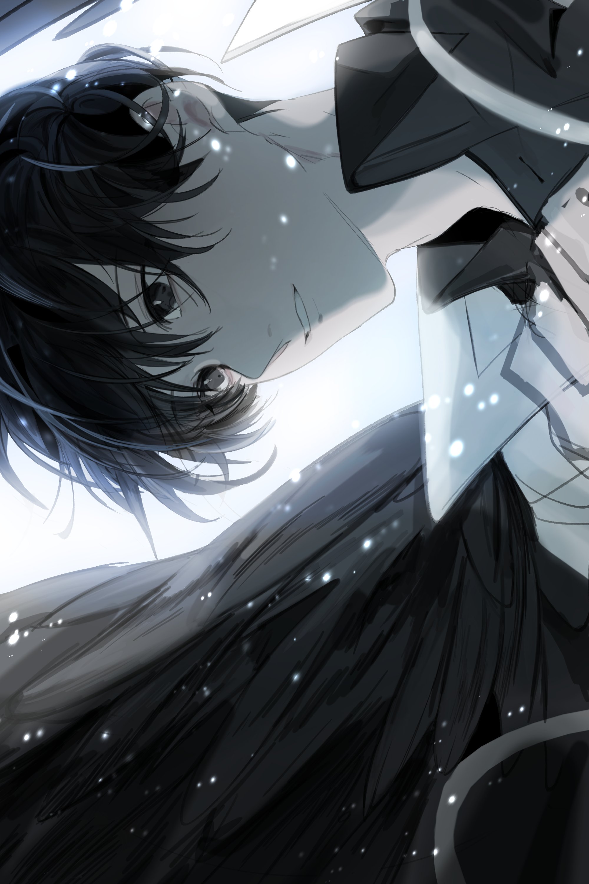 hayu beck, kim dokja, omniscient reader's viewpoint, absurdres, highres, 1boy, black eyes, black hair, black shirt, black wings, coat, collared shirt, feathered wings, leaning forward, light particles, male focus, open clothes, open coat, popped collar, shirt, short hair, slouching, solo, upper body, white coat, wings
